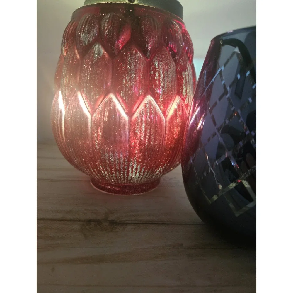 Metallic Glass Candle Holder Set Red Artichoke Blue Trellis Christmas Decor